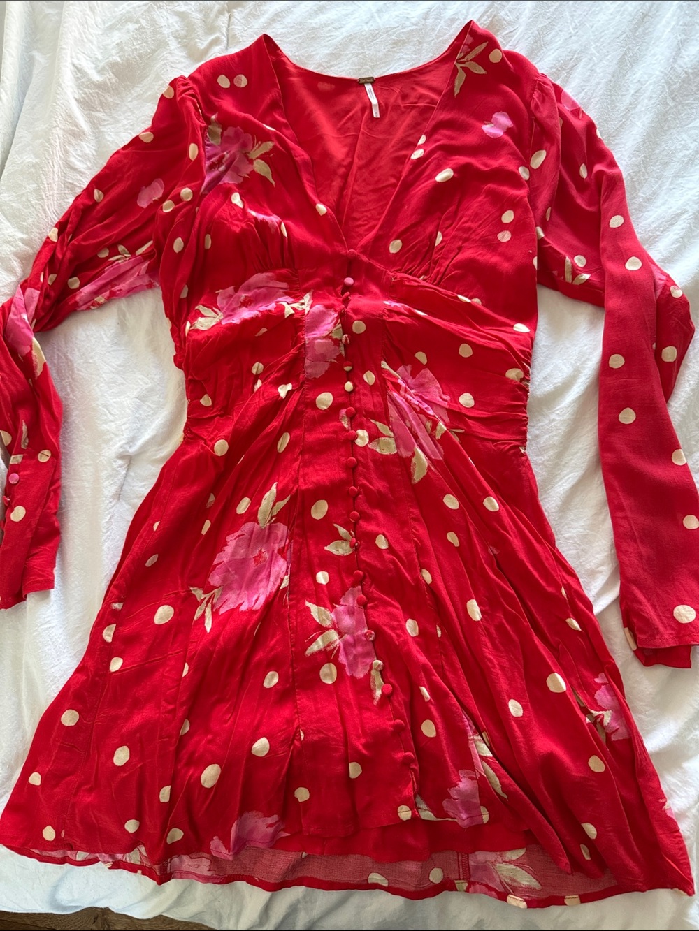 Free People Red Floral Polka Dot V-Neck Women's Dress
